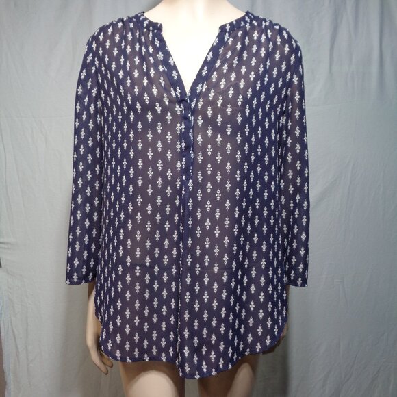 Sheer blue with white patterned Maurices long sleeve blouse in size Medium - Picture 1 of 6